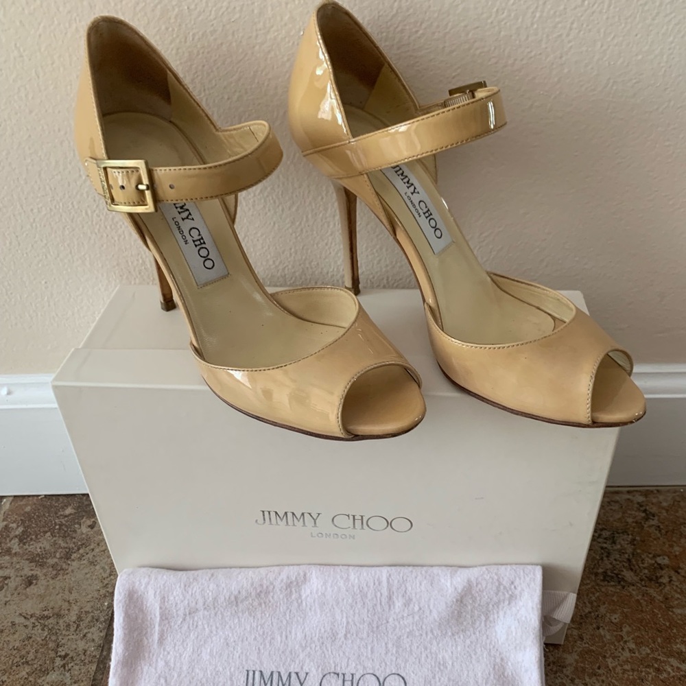 Jimmy Choo Nude Patent Pep Toe Heels